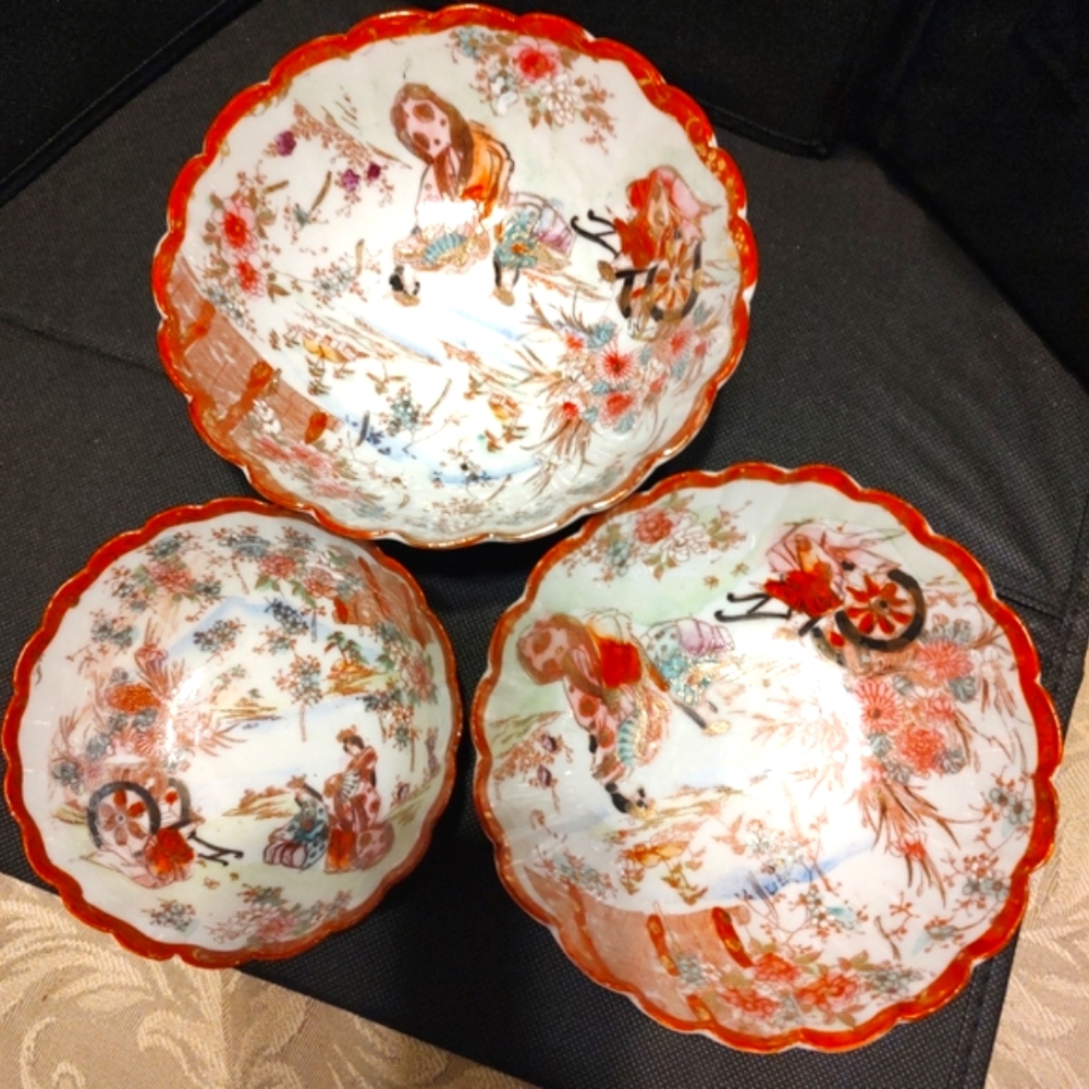🔸⛩️🔸 Gorgeous Antique Vintage Hand Painted Japanese Porcelain Nesting Bowl Set - Picture 5 of 16